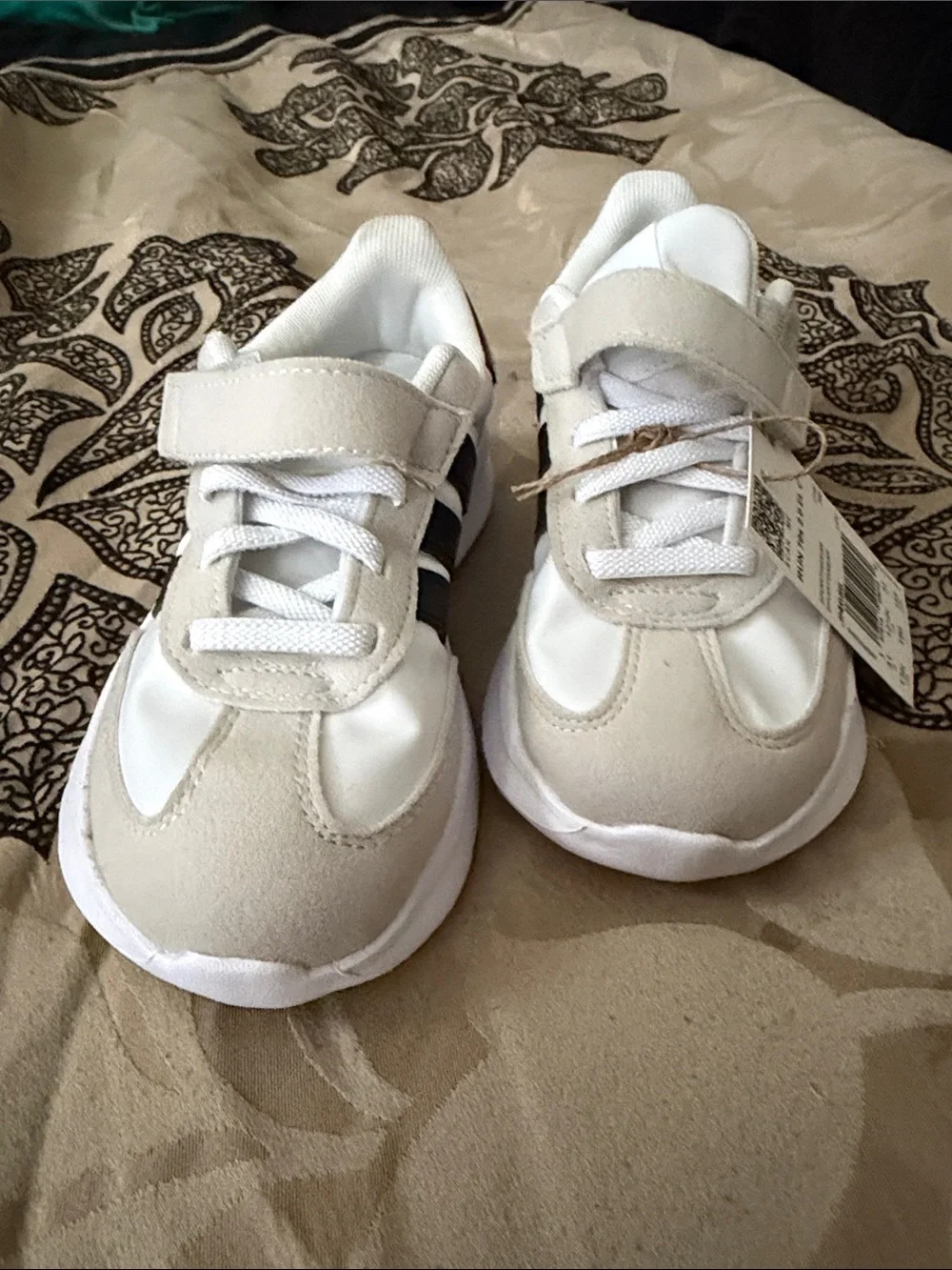adidas Kids White and Black Velcro Sneakers with Suede Accents